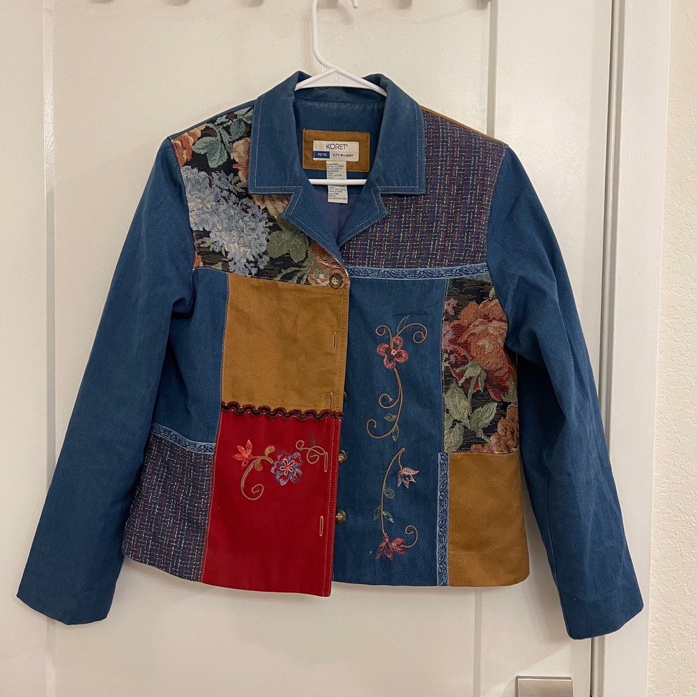 Vintage Patchwork Denim Jacket Fall GrandmaCore Boho Indie Whimsey